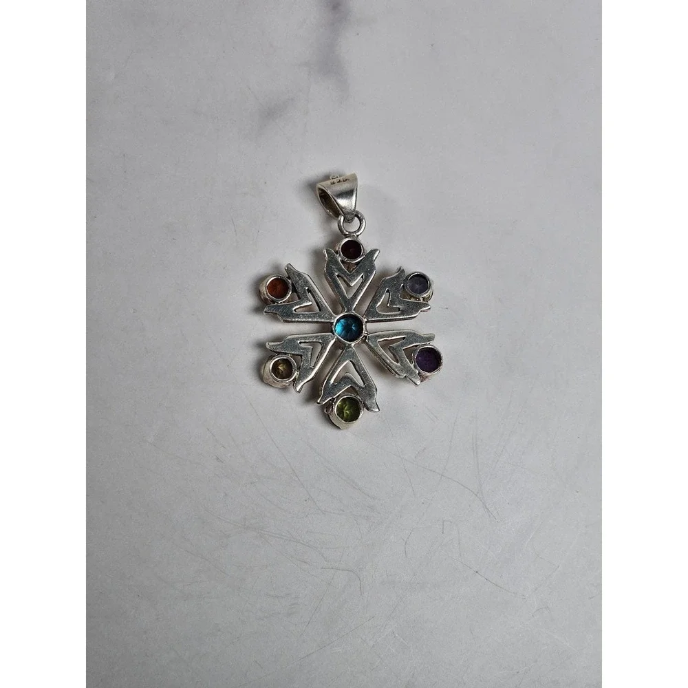 Vintage Sterling Silver Multistone Snowflake Pendant | Colorful Gemstone Charm - Picture 6 of 7